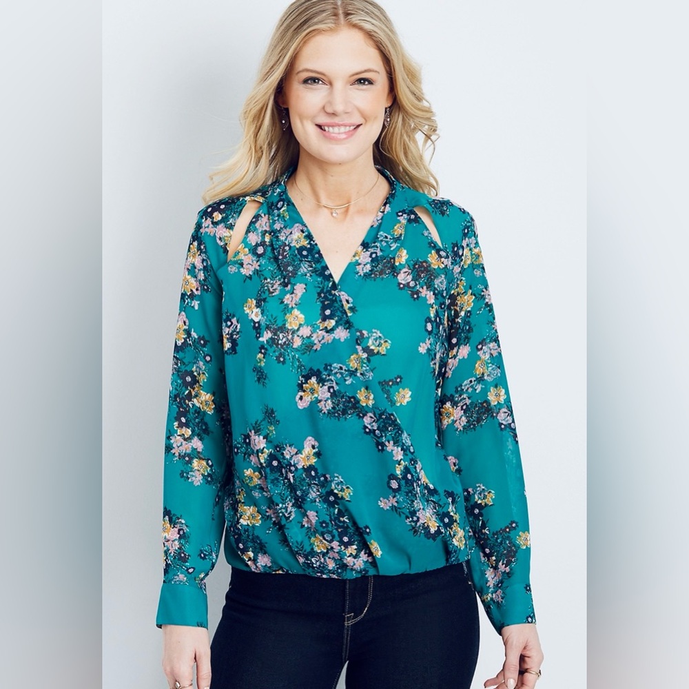 MAURICES Turquoise FLORAL Cross Front Sheer/chiffon Blouse | Size: LG  | *NWT*